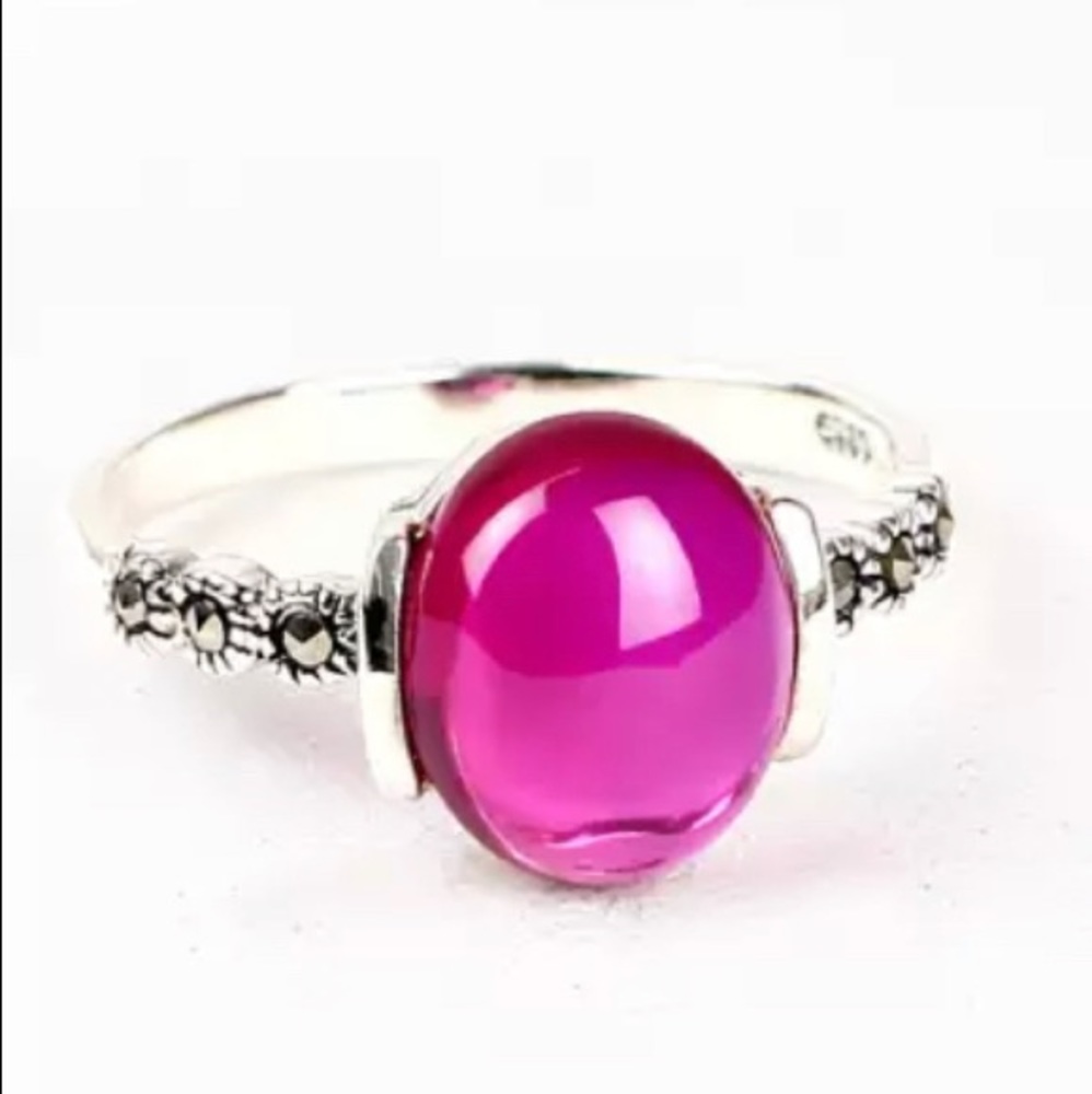 Vintage ring with raspberry agate, marcasite silver band. 1 ring for the price